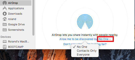 Restrict the people that can send you files using AirDrop on the Apple Mac
