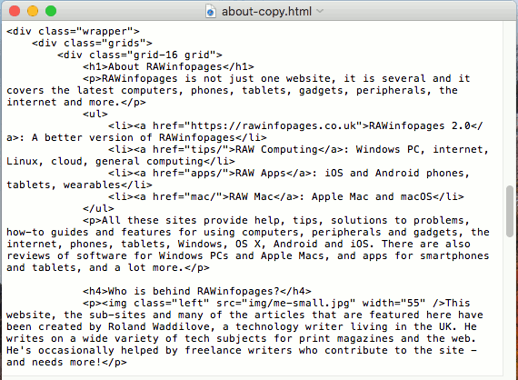 TextEdit on the Apple Mac editing an HTML file in text editing mode