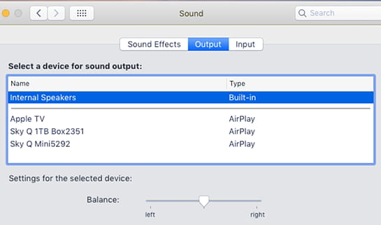 Select the audio output device in System Preferences on the Apple Mac