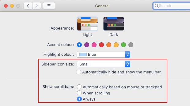 General settings in macOS System Preferences
