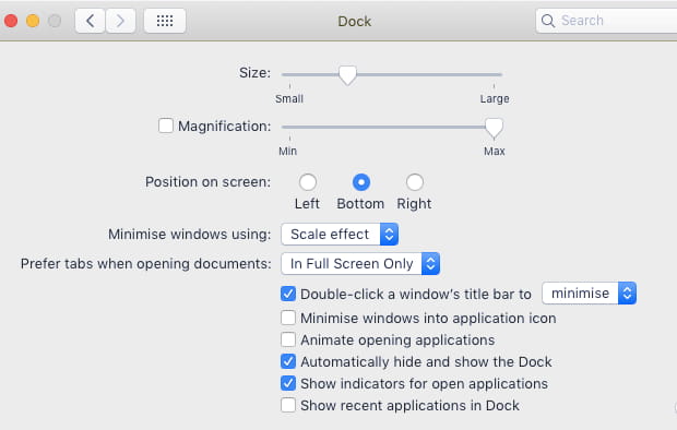 Dock settings in System Preferences in macOS on the Apple Mac