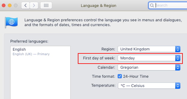 Language and region settings in System Preferences in macOS on the Apple Mac
