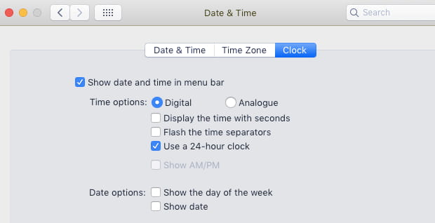 Date and time settings in System Preferences in macOS on the Apple Mac