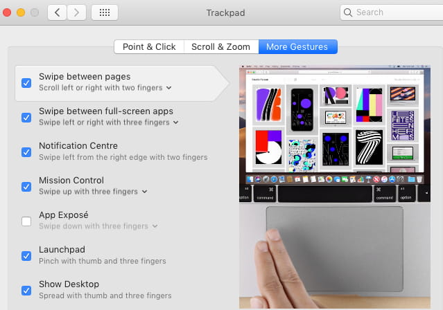 Trackpad settings in System Preferences in macOS on the Apple Mac