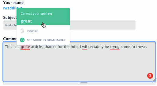 Grammarly checking spelling and grammar in a web form