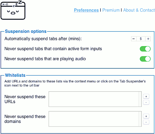 Tab Suspender for Safari extension settings