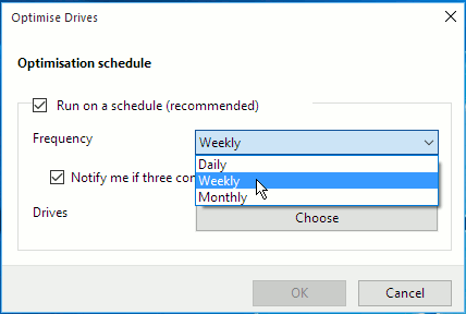 Windows Disk Optimiser defragmenter schedule settings