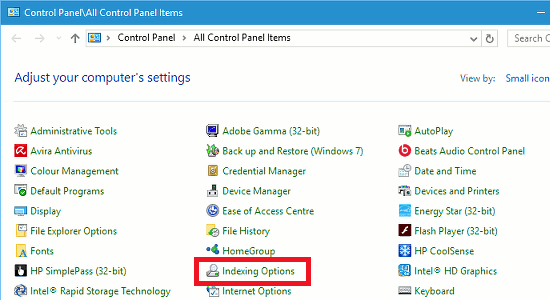 Indexing Options in the Windows Control Panel