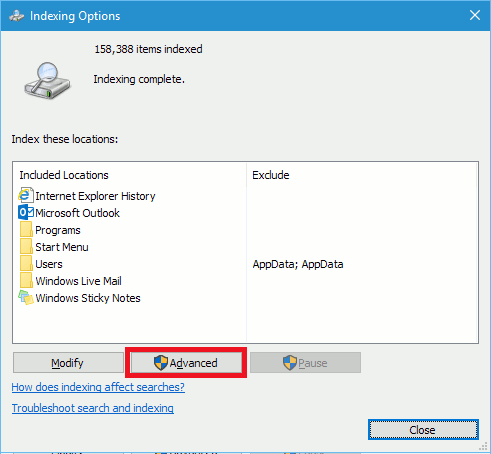 The indexing options in Windows