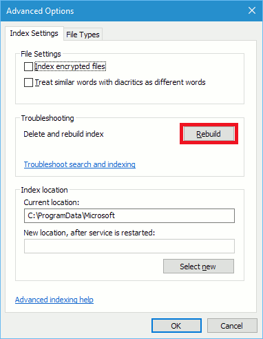 Rebuild the search index in Windows to solve problems