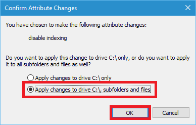 Apply indexing changes to the disk drive in Windows