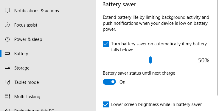 Battery Saver settings in the Windows 10 Settings app