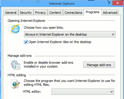 Internet Explorer options