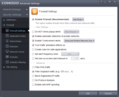 Configure Comodo Firewall settings