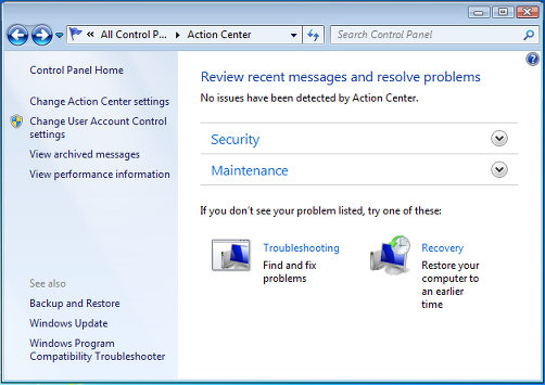 Windows Action Center in the Control Panel