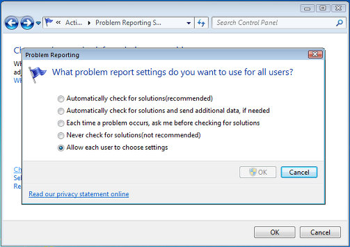 Action Center options