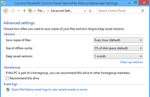 Advanced settings in File History