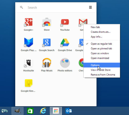 Go to Options in Chrome App Launcher