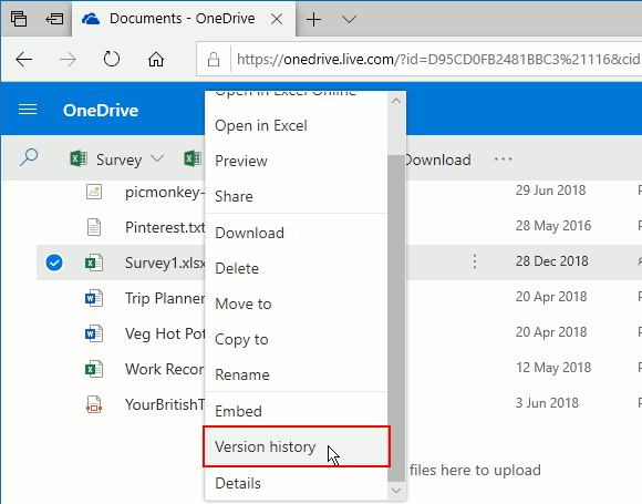 Right click files to view older versions on OneDrive