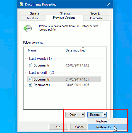 Restore a previous version of a folder on a Windows PC