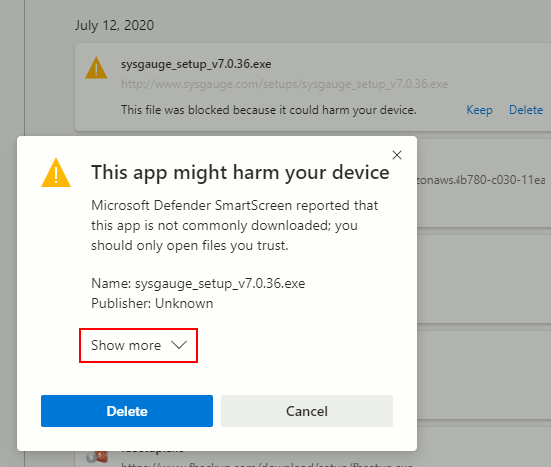 Windows SmartScreen protecting a file download in Edge Browser