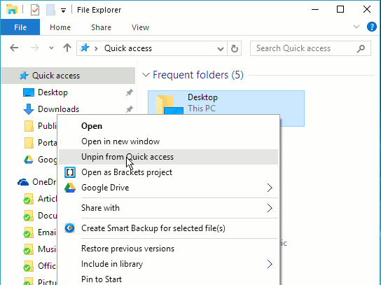 Quick access in Explorer