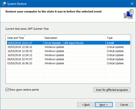 Viewing all the restore points in Windows using System Restore