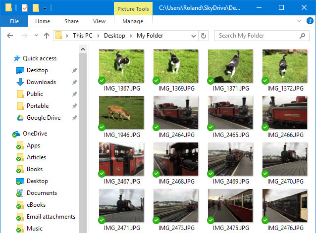 The properties of this folder were set to Pictures and Explorer displays thumbnail images of photos