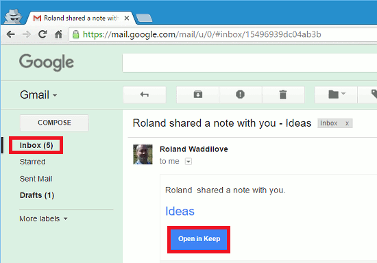 An invitation to share a Google Keep note in Gmail