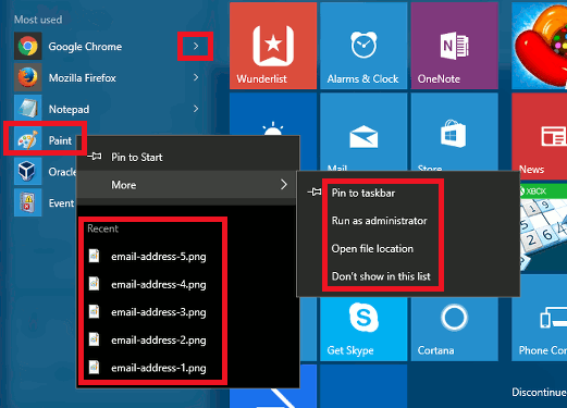 Right click items on the Start menu in Windows for extra options