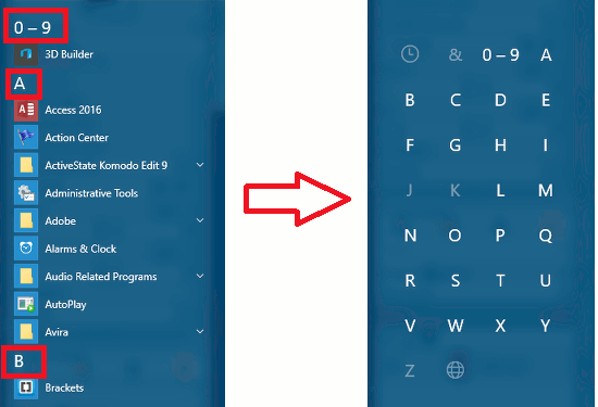 Start menu short cuts in Windows 10