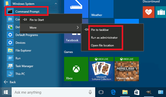 Run apps as administrator form the Windows 10 Start menu