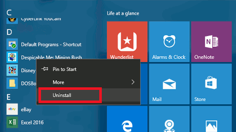 Uninstall apps from the Windows 10 Start menu