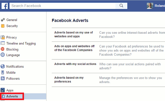 Facebook adverts settings