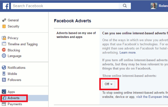 Facebook advert settings