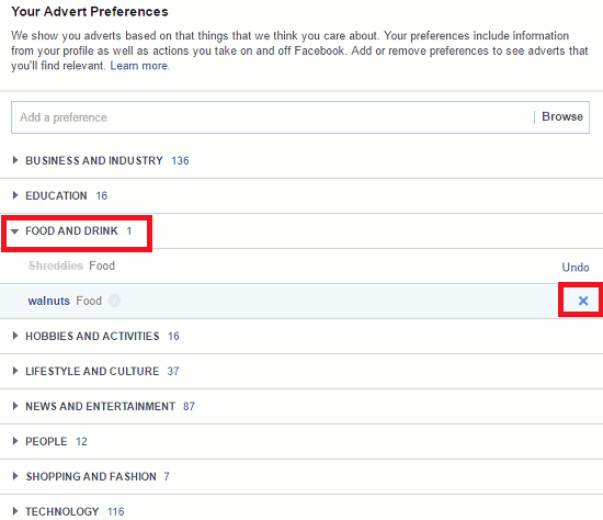 Facebook advert settings