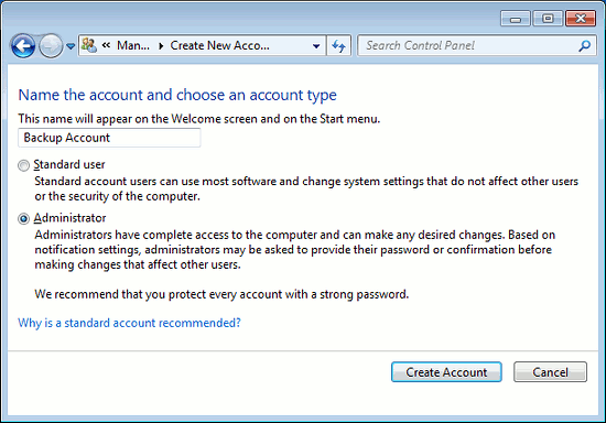 Create a new user account in Windows 7