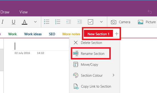 Create a new section in Microsoft OneNote