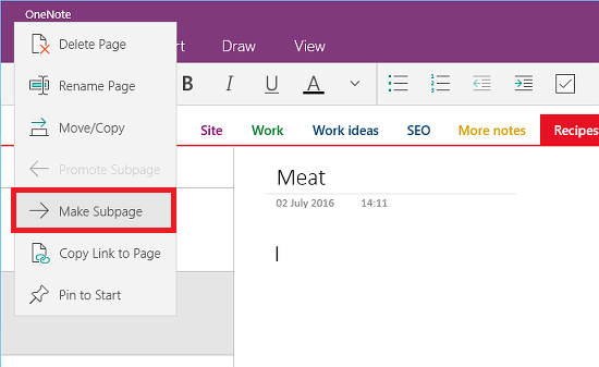 Make a page a subpage in Microsoft OneNote