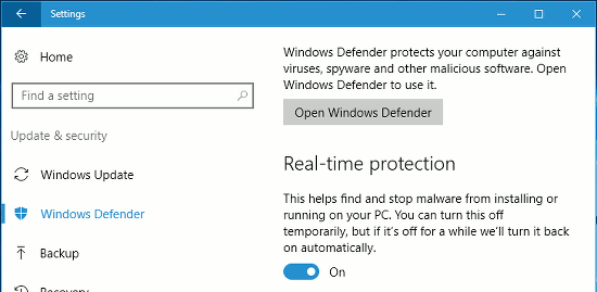 Windows 10 Settings app showing Windows Defender