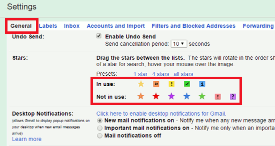 Gmail settings, select the stars to use
