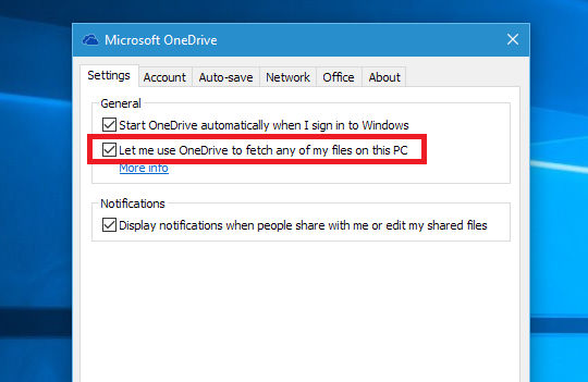 OneDrive settings in Windows on a PC