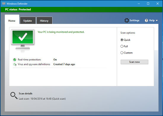 Windows Defender antivirus and antispyware software