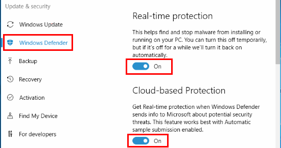 Windows Defender settings