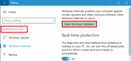Windows Defender settings