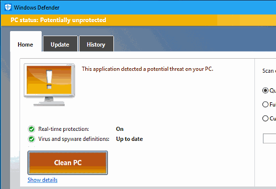 Windows Defender detects malware