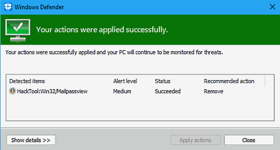 Windows Defender removes malware
