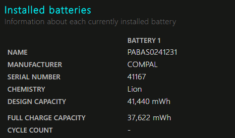 Battery details in the battery report generated in Windows 10