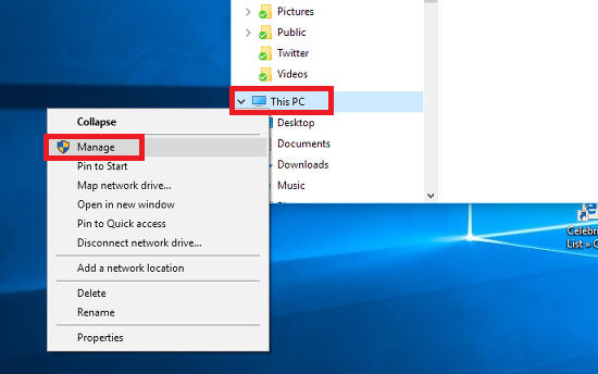Right click This PC and select Manage to open the management console in Windows