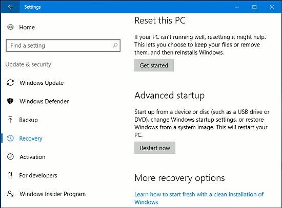 Windows 10 Settings app - reset the PC using the recovery options